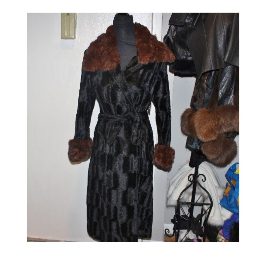 Vintage Penny Lane Geometric Velvet Belted Jacket Coat Real Mink Collar & Cuffs - Picture 1 of 13